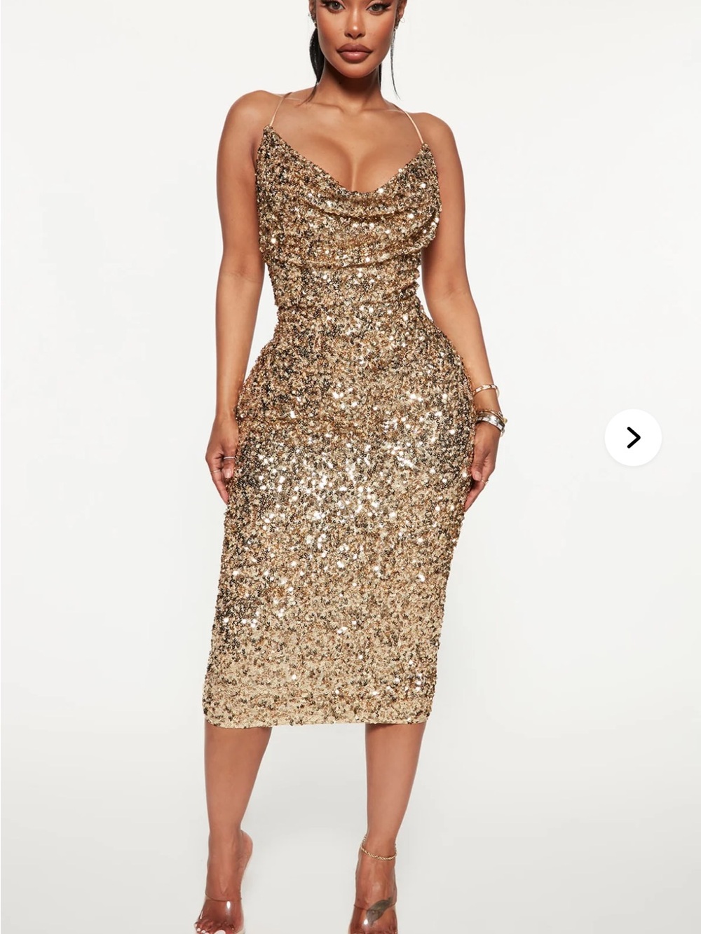 Fashion Nova Gold Sequin Cowl Midi Dress